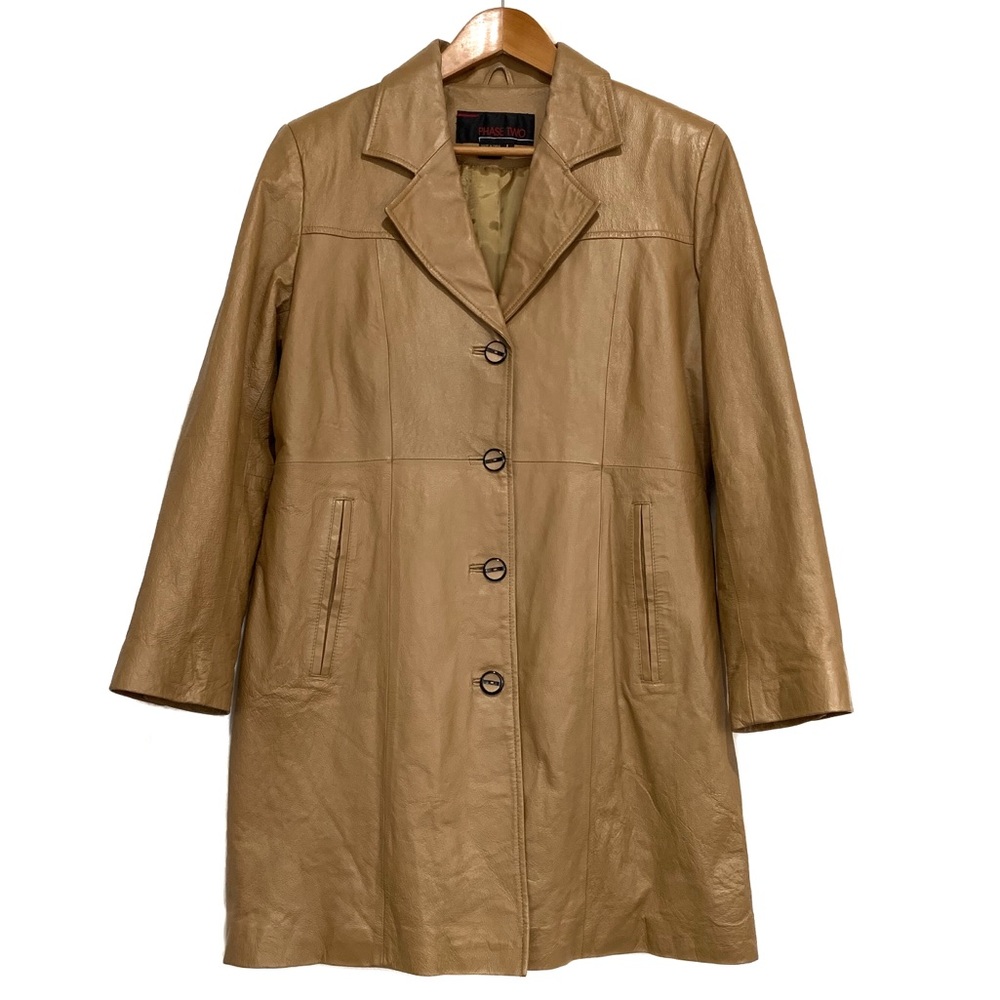 Phase Two Leather Coat Size Large Teak Brown Y2K Layered Minimalist
